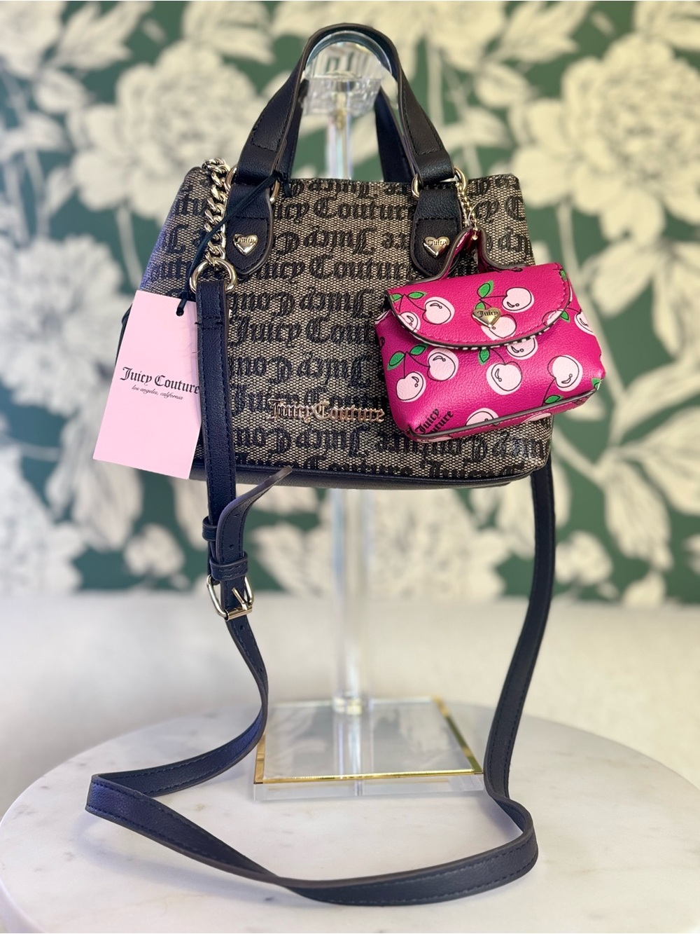 Juicy Couture Black Logo Mini Satchel with Pink Cherry Charm Pouch NWT